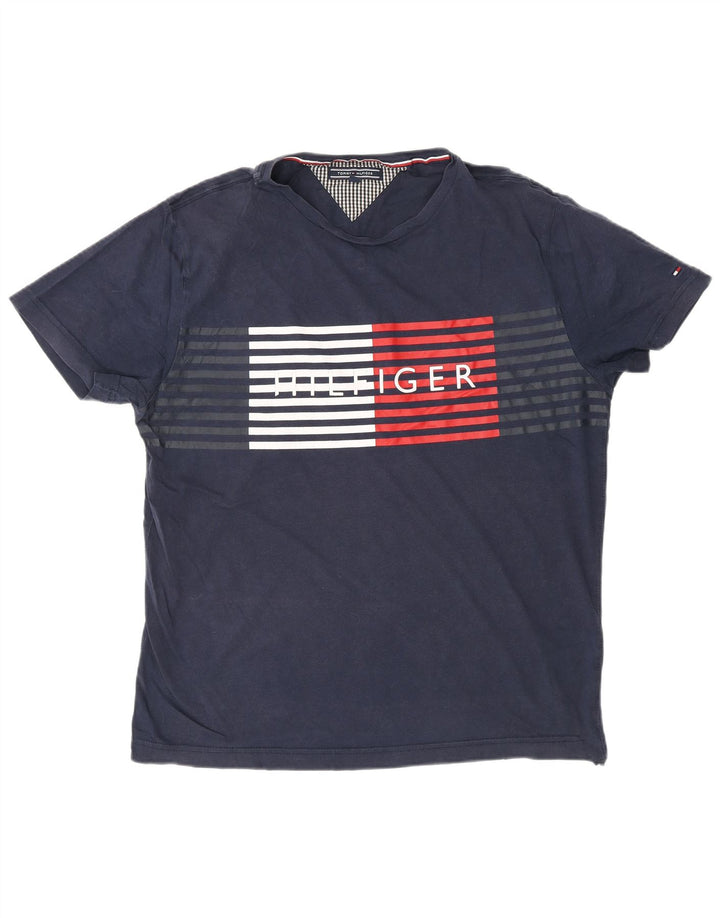 TOMMY HILFIGER Mens Graphic T-Shirt Top Large Navy Blue Striped