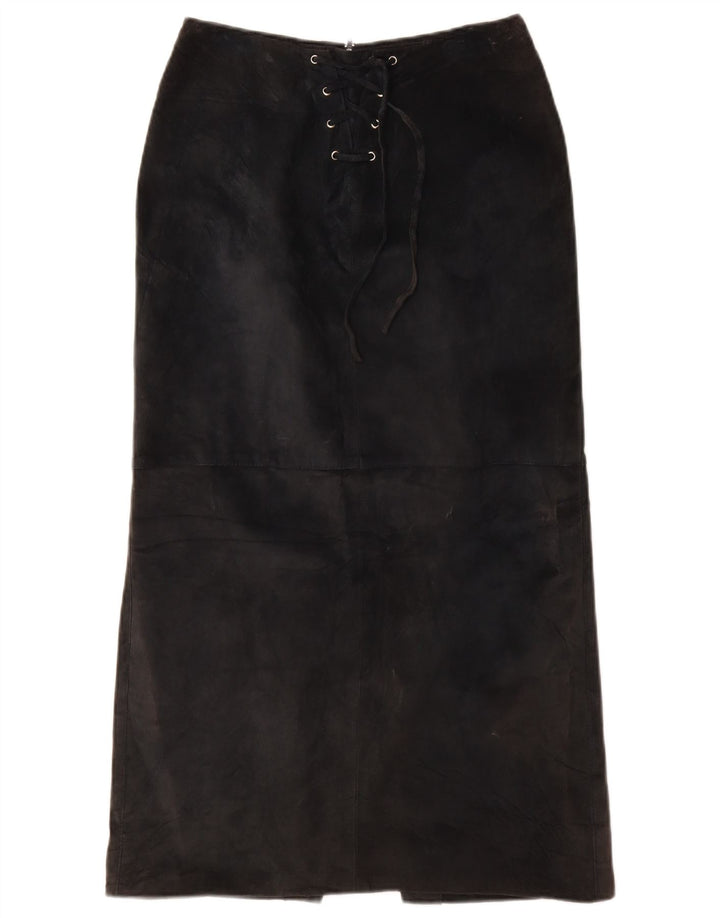VINTAGE Womens Suede Maxi Skirt UK 10 Small W26  Black Leather