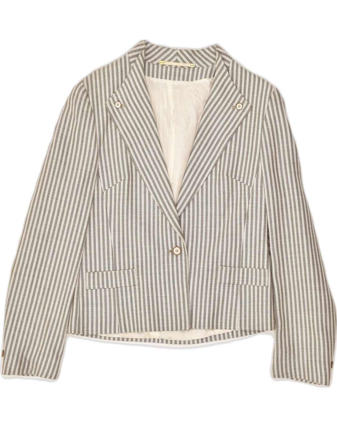 GOLDIX Womens 1 Button Blazer Jacket UK 12 Medium Grey Striped Viscose | Vintage Goldix | Thrift | Second-Hand Goldix | Used Clothing | Messina Hembry 