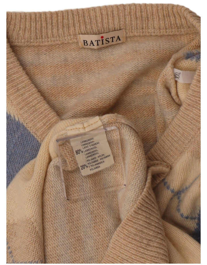 Vintage Mens V-Neck Jumper Sweater 2XL Beige Argyle/Diamond Lambswool