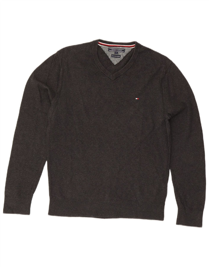 Tommy Hilfiger Mens V-Neck Jumper Sweater Medium Grey Cotton