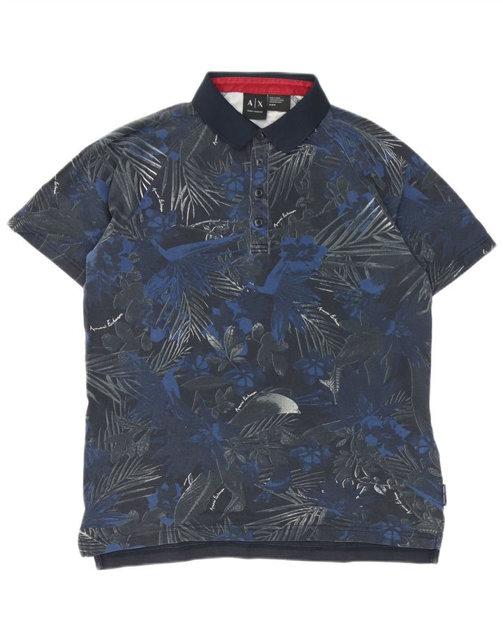 Armani Exchange Mens Polo Shirt Medium Blue Floral Cotton