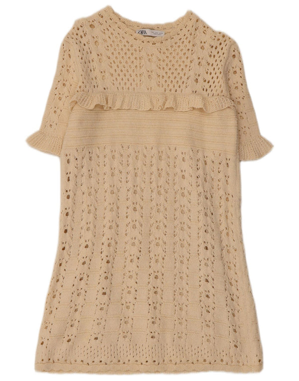 Zara Womens Short Sleeve Crochet Jumper Dress UK 12 Medium Beige Polyester