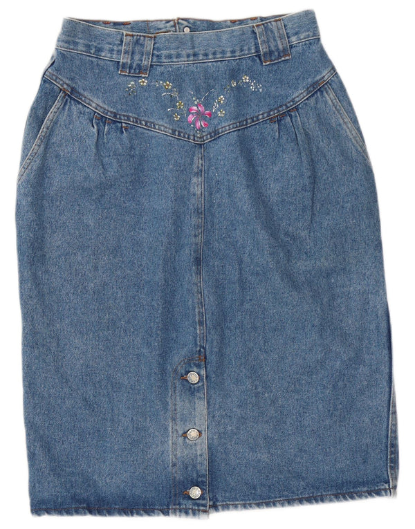 Vintage Womens High Waist Denim Skirt IT 46 Large Blue Floral Cotton