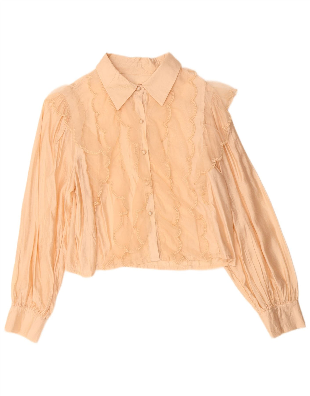 Vintage Womens Crop Ruffle Front Shirt Blouse UK 14 Medium Beige Viscose