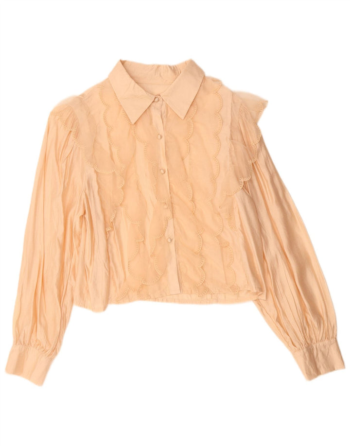 Vintage Womens Crop Ruffle Front Shirt Blouse UK 14 Medium Beige Viscose