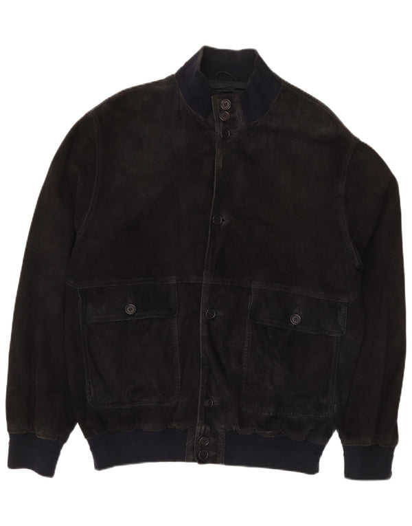 VINTAGE Mens Suede Bomber Jacket IT 52 XL Navy Blue Leather
