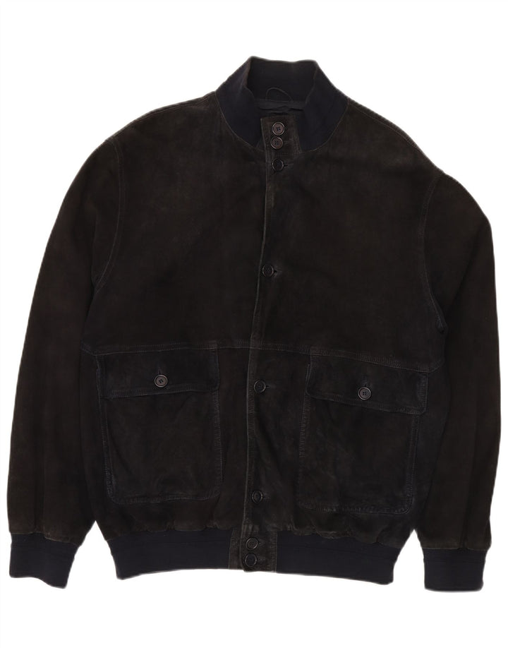 VINTAGE Mens Suede Bomber Jacket IT 52 XL Navy Blue Leather
