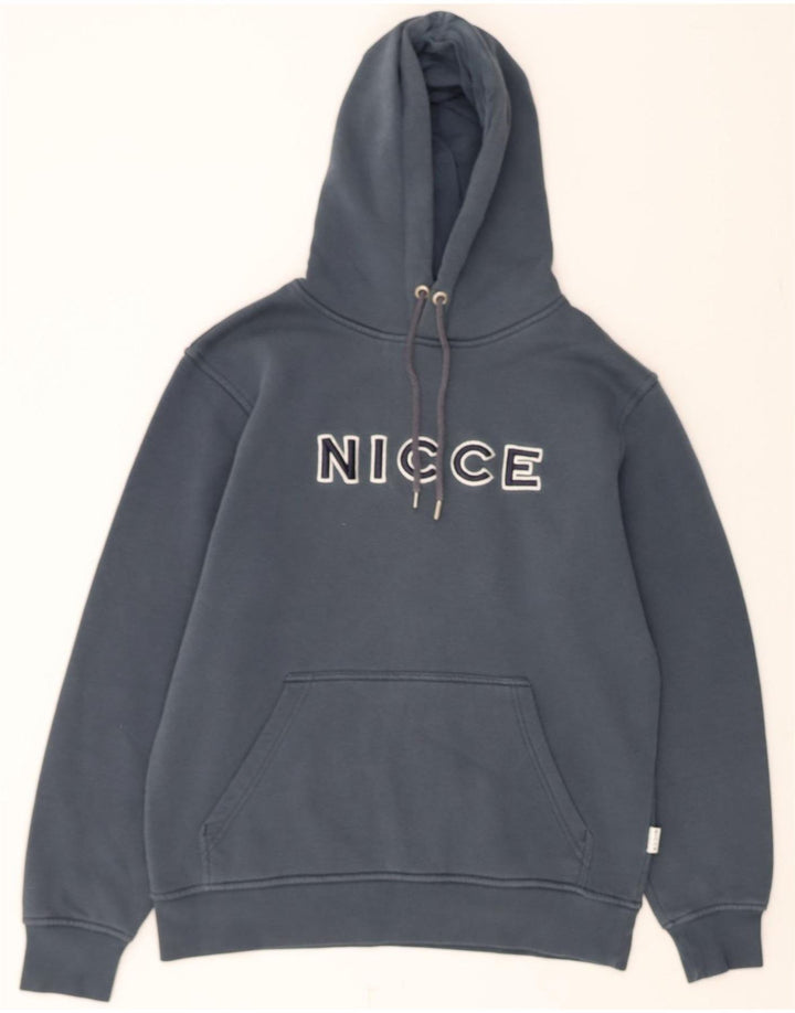 NICCE Mens Graphic Hoodie Jumper Medium Navy Blue Cotton Vintage Nicce and Second-Hand Nicce from Messina Hembry 