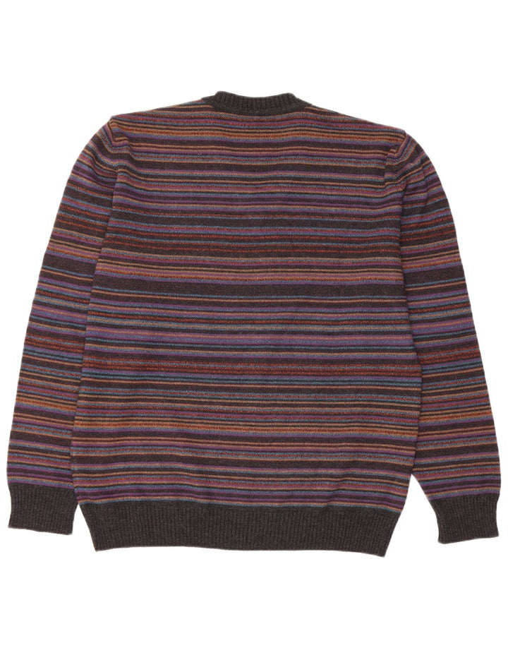 VINTAGE Mens V-Neck Jumper Sweater IT 52 Large Multicoloured Striped Wool