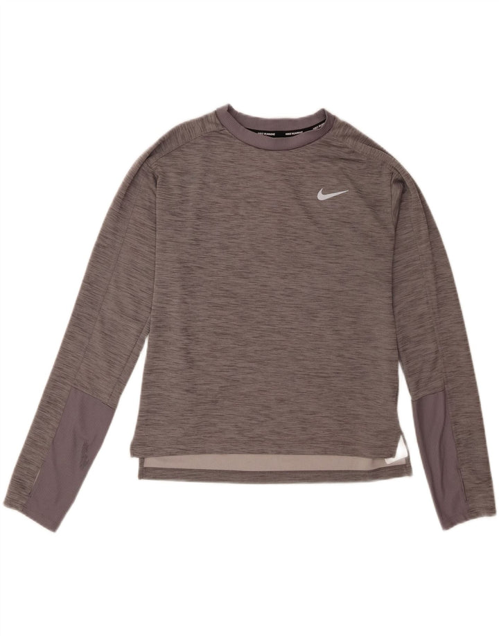 NIKE Womens Dri Fit Top Long Sleeve UK 10 Small Grey Flecked Polyester