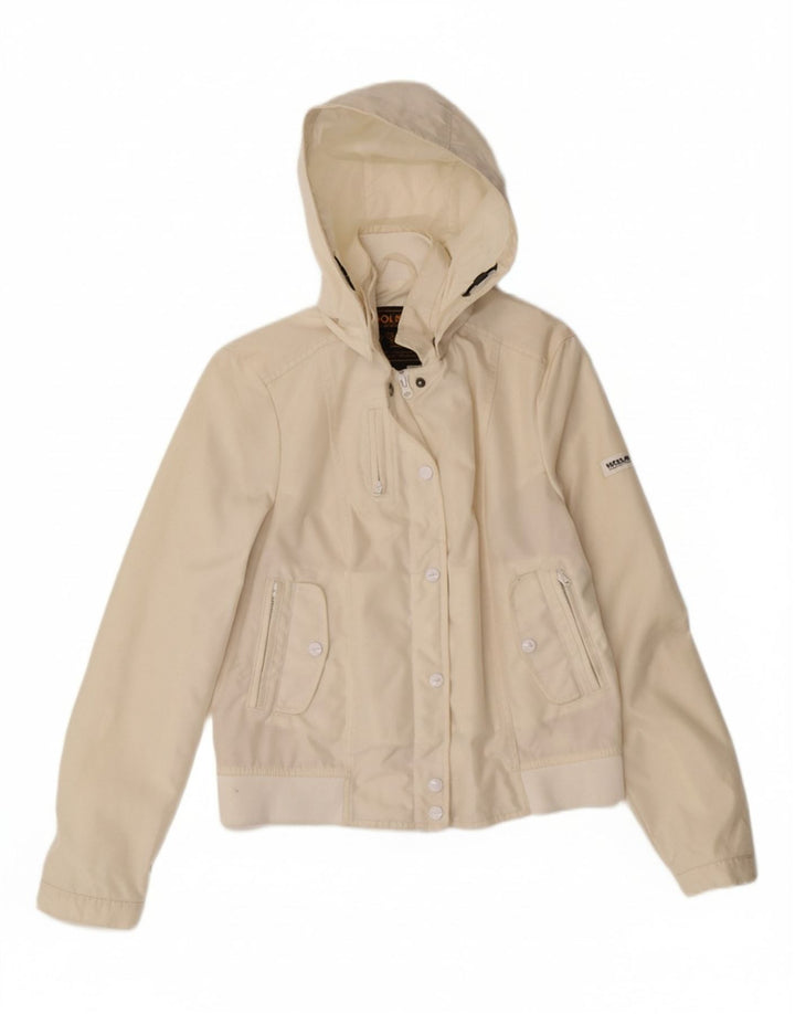 WOOLRICH Womens Hooded Bomber Jacket UK 16 Large Off White Nylon Vintage Woolrich and Second-Hand Woolrich from Messina Hembry 