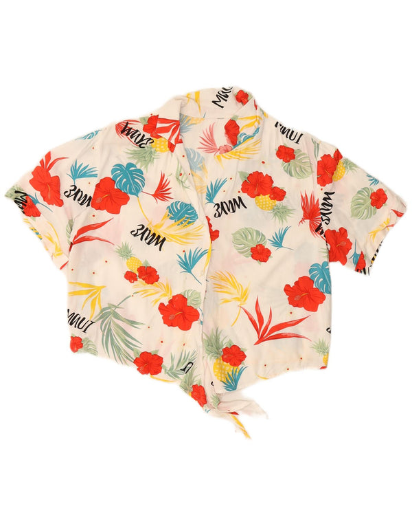 VINTAGE Womens Crop Front Tie Shirt Blouse UK 16 Large White Floral