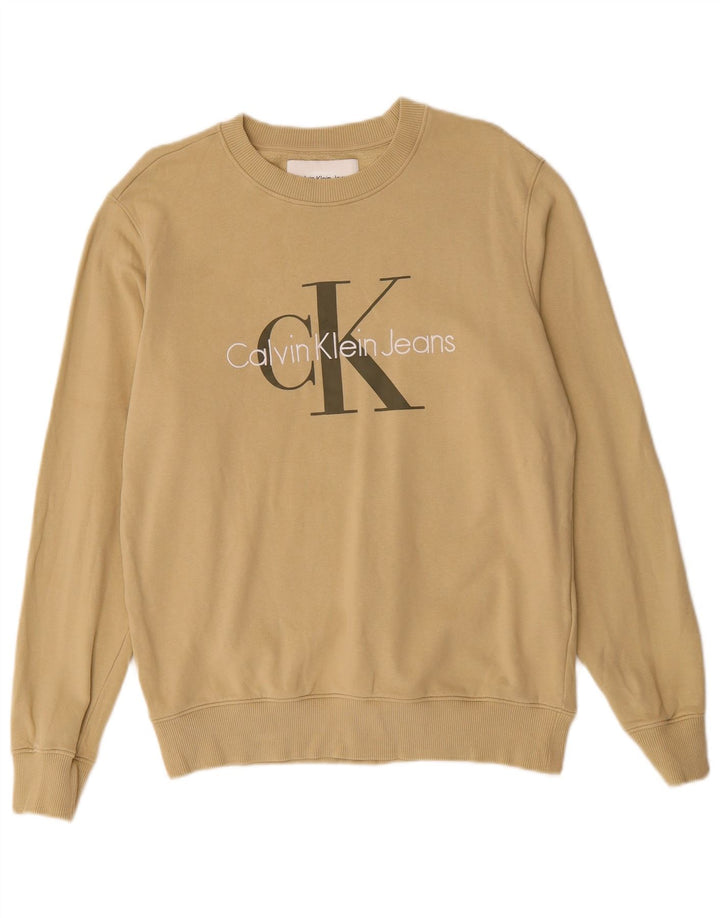 CALVIN KLEIN JEANS Mens Graphic Sweatshirt Jumper Medium Beige Cotton