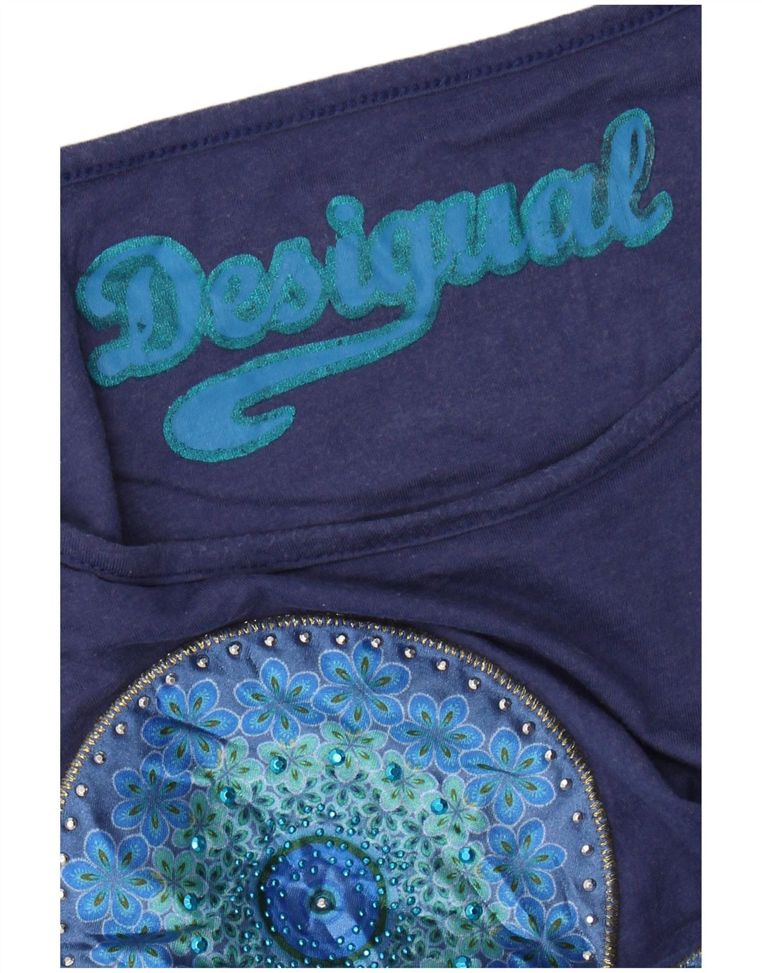DESIGUAL Womens Graphic T-Shirt Top UK 12 Medium Navy Blue Floral