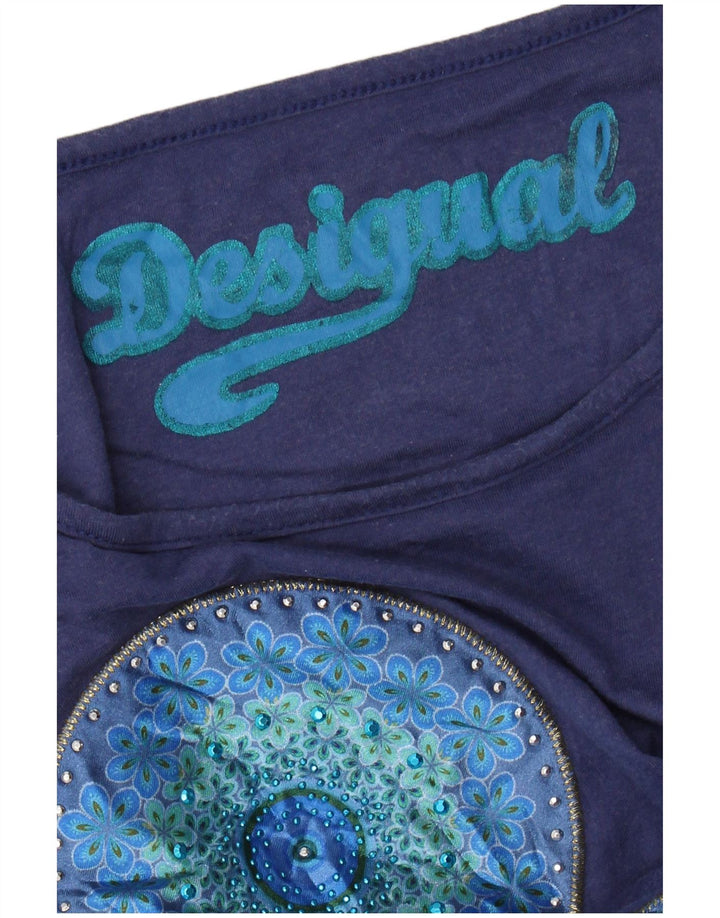 DESIGUAL Womens Graphic T-Shirt Top UK 12 Medium Navy Blue Floral