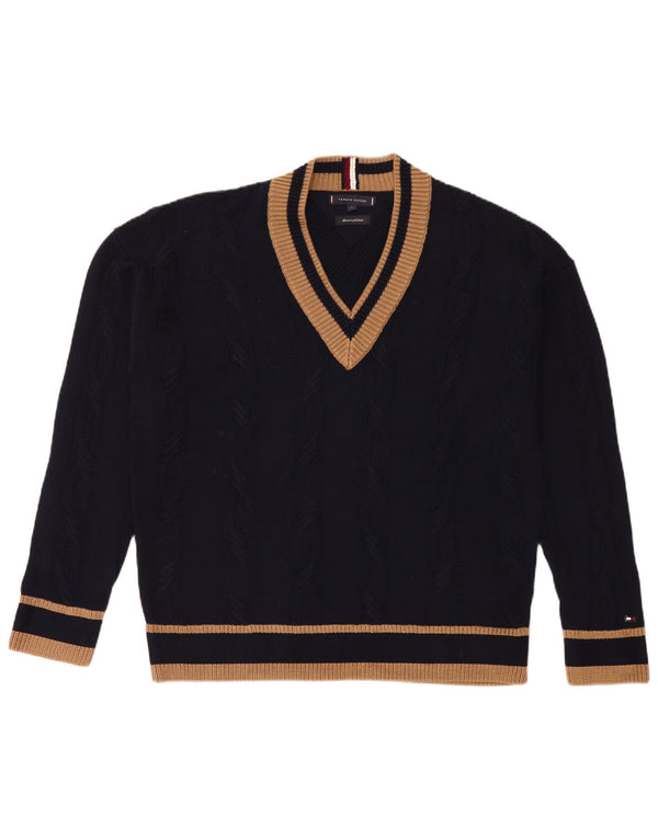 Tommy Hilfiger Mens V-Neck Jumper Sweater Medium Navy Blue Striped Cotton
