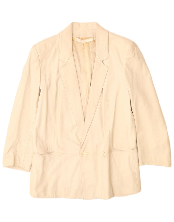 Vintage Womens Double Breasted Leather Blazer Jacket UK 12 Medium Beige