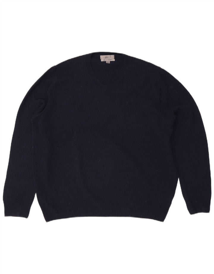 Marks & Spencer Mens V-Neck Jumper Sweater XL Navy Blue Wool