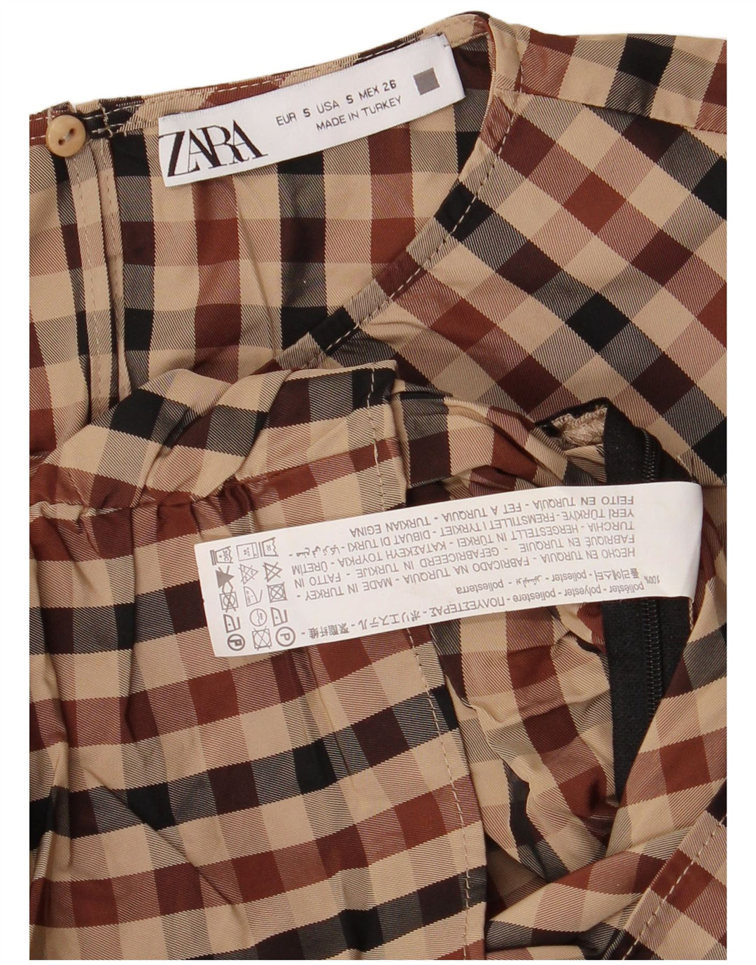 Zara Womens Crop Long Sleeve Blouse Top UK 10 Small Brown Gingham Polyester