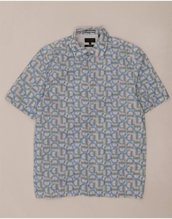 Ted Baker Mens Regular Short Sleeve Shirt Size 4 Large Blue Geometric
