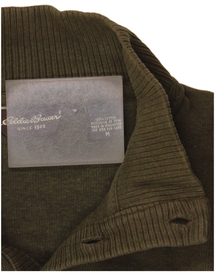 EDDIE BAUER Mens Button Neck Jumper Sweater Medium Khaki Cotton