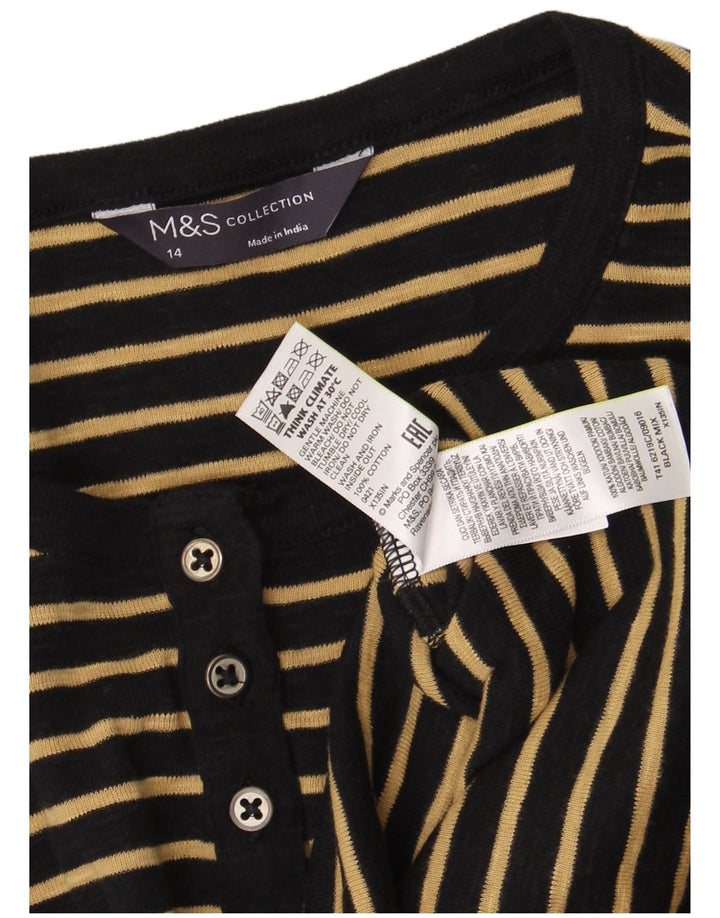 Marks & Spencer Womens Top Long Sleeve UK 14 Medium  Black Striped Cotton