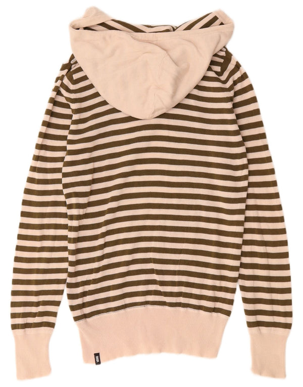Vans Mens Hooded V-Neck Jumper Sweater Small Beige Striped Cotton