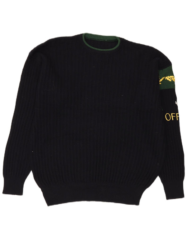 VINTAGE Mens Graphic Crew Neck Jumper Sweater XL Navy Blue Wool