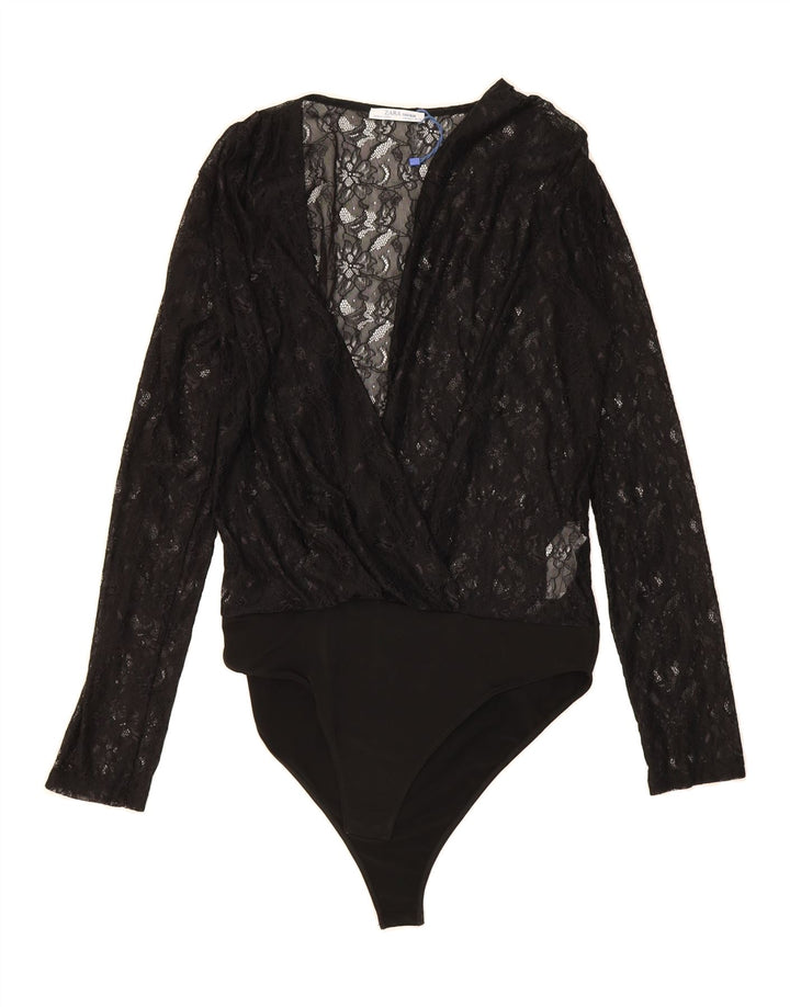 ZARA Womens Long Sleeve Bodysuit UK 14 Large Black Polyester Vintage Zara and Second-Hand Zara from Messina Hembry 