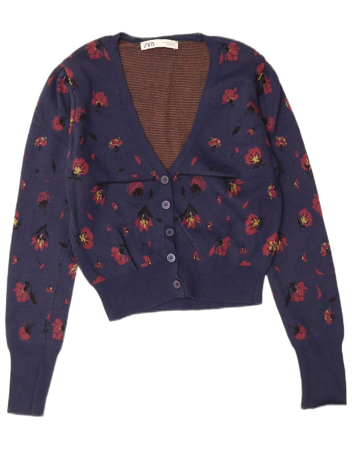 ZARA Womens Crop Cardigan Sweater UK 10 Small Navy Blue Floral Polyamide