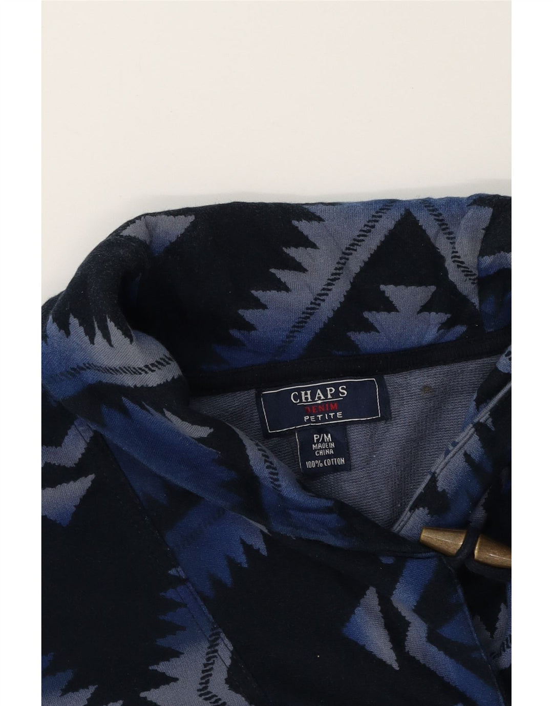 CHAPS Womens Shawl Neck Jumper Sweater UK 12 Medium Navy Blue Geometric Vintage Chaps and Second-Hand Chaps from Messina Hembry 