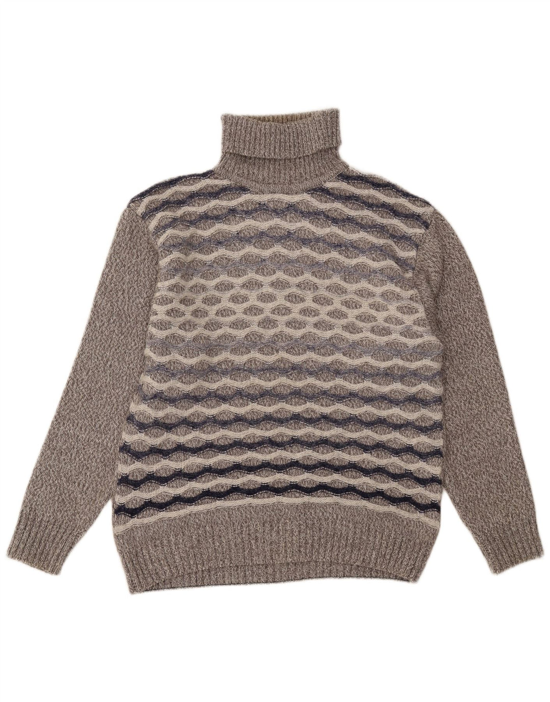 Vintage Mens Roll Neck Jumper Sweater Large Grey Striped Wool