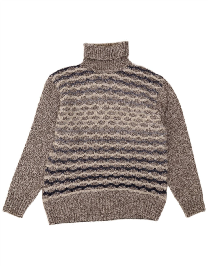 Vintage Mens Roll Neck Jumper Sweater Large Grey Striped Wool