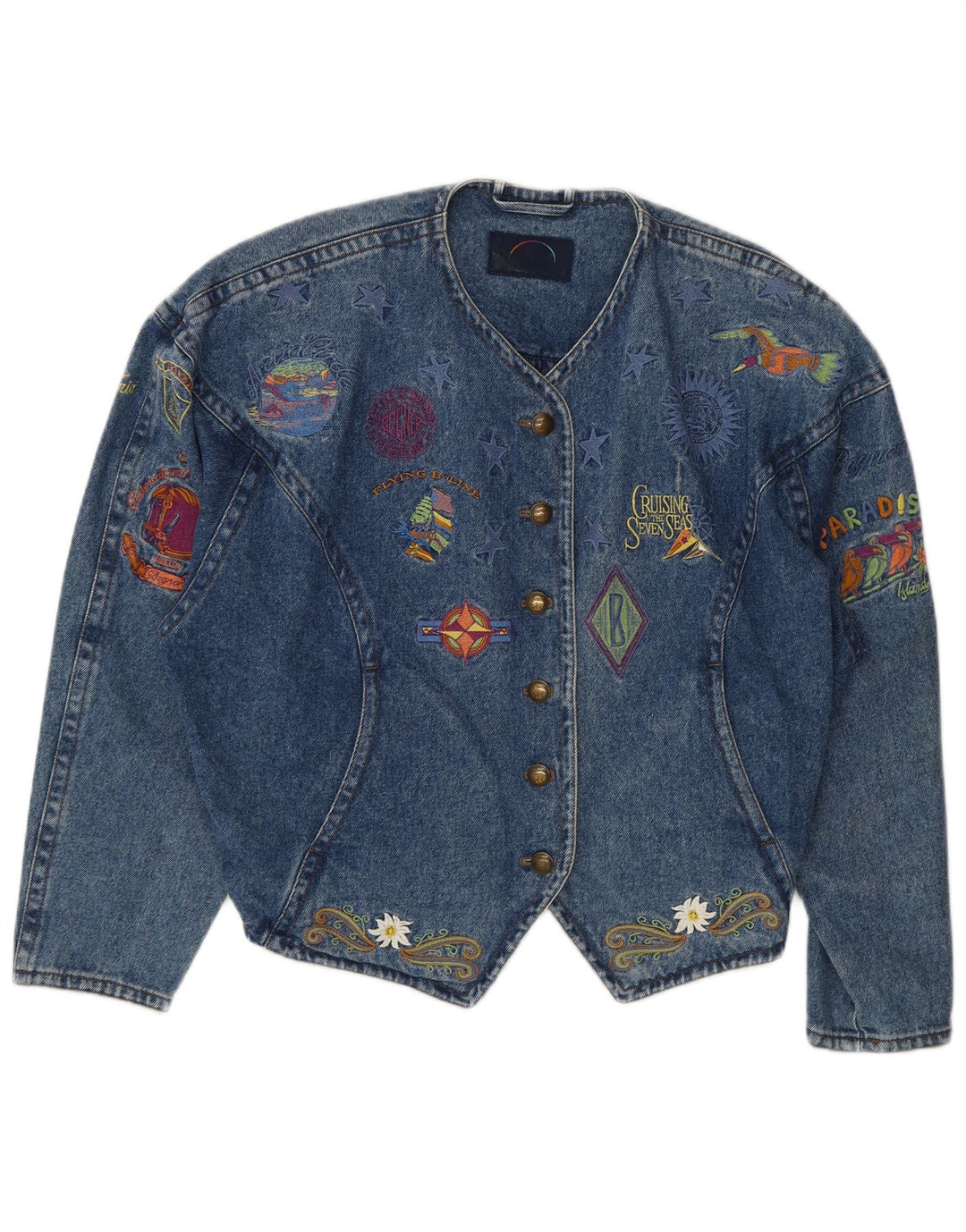 Bogner Womens Graphic Crop Denim Jacket UK 14 Medium Blue 90s