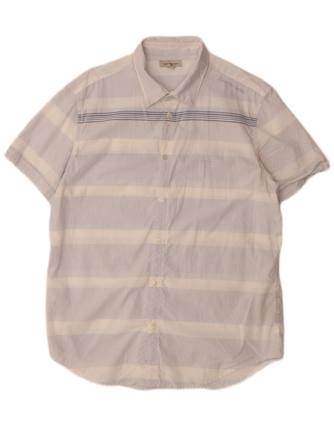 CALVIN KLEIN JEANS Mens Short Sleeve Shirt Medium Blue Striped Cotton