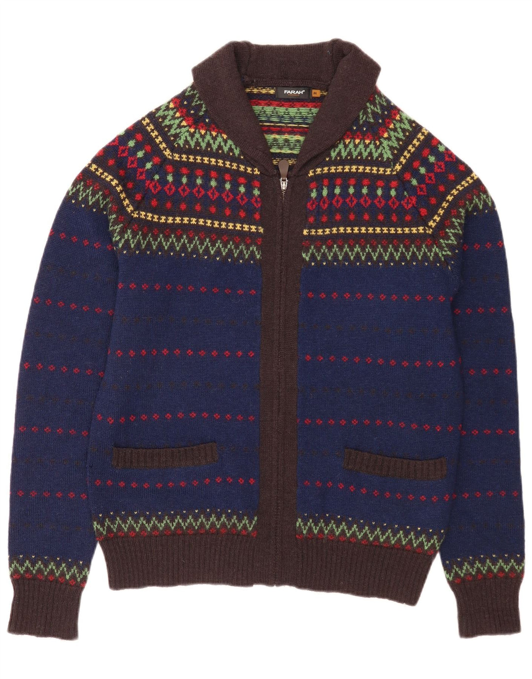 Farah Mens Full Zip Cardigan Sweater Medium Blue Fair Isle Wool