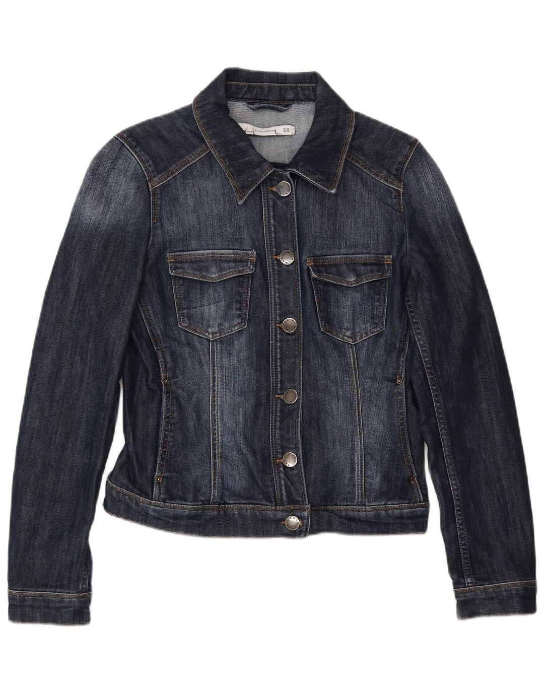 Zara Womens Crop Denim Jacket UK 12 Medium Navy Blue Cotton