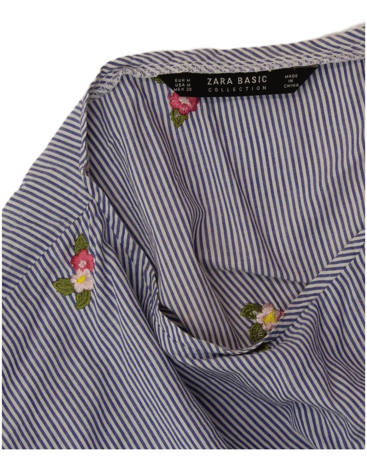 ZARA Womens Crop Blouse Top UK 14 Medium Blue Pinstripe