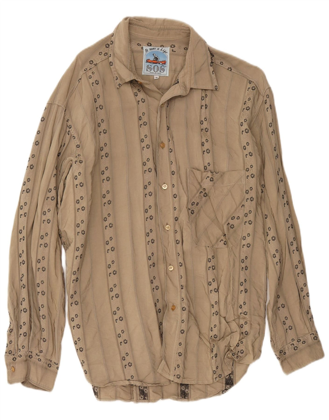 Sos Mens Shirt Medium Beige Floral Viscose