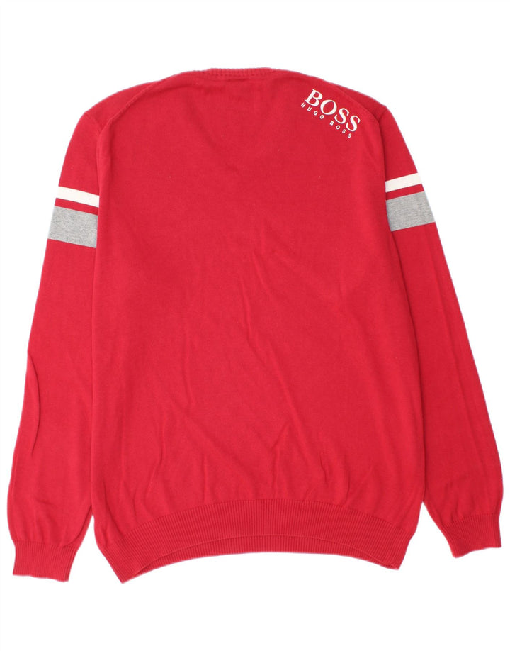 HUGO BOSS Mens Graphic V-Neck Jumper Sweater Large Red Colourblock