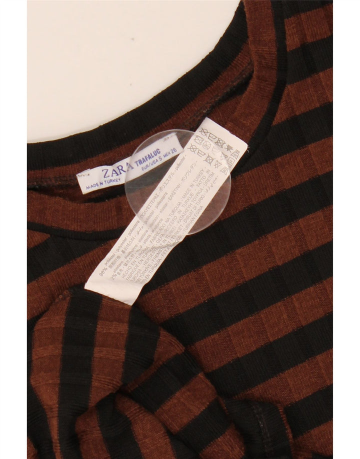 ZARA Womens 3/4 Sleeve Bodycon Dress UK 10 Small Brown Striped Polyester