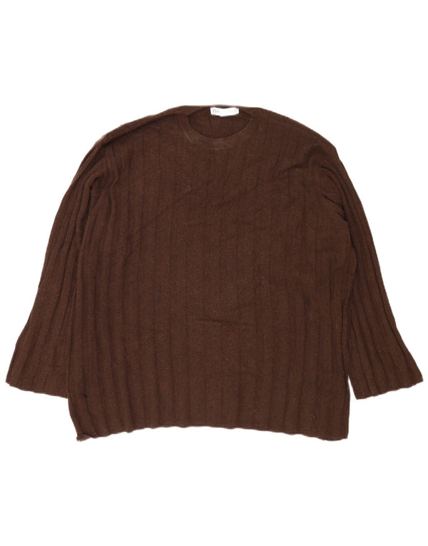 Zara Womens Oversized Crew Neck Jumper Sweater UK 14 Medium Brown Polyamide