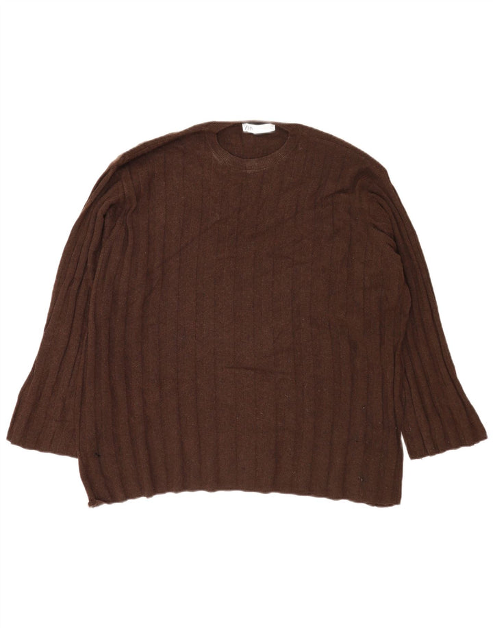 Zara Womens Oversized Crew Neck Jumper Sweater UK 14 Medium Brown Polyamide