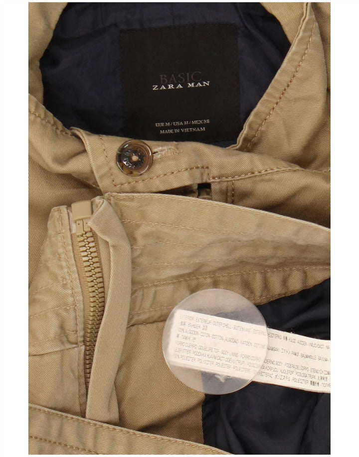 Zara Mens Military Bomber Jacket UK 38 Medium Beige Cotton