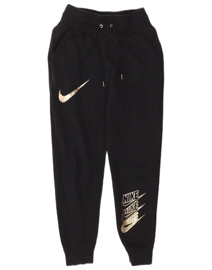 NIKE Womens Graphic Tracksuit Trousers Joggers UK 10 Small  Black Cotton
