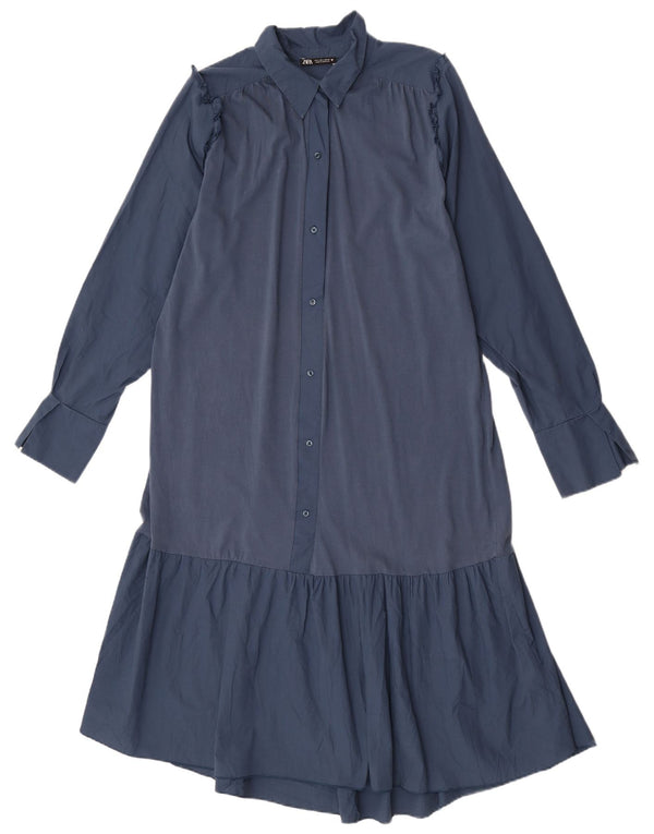 Zara Womens Long Sleeve Shirt Dress UK 16 Large Navy Blue Cotton