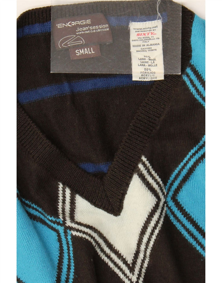 ENERGIE Mens V-Neck Jumper Sweater Small Black Argyle/Diamond Wool Vintage Energie and Second-Hand Energie from Messina Hembry 