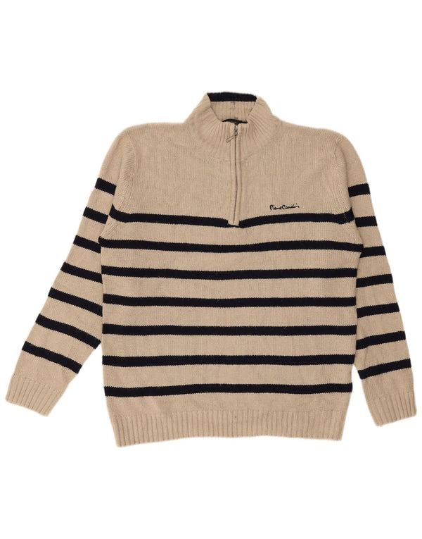 PIERRE CARDIN Mens Zip Neck Jumper Sweater Large Beige Striped Acrylic