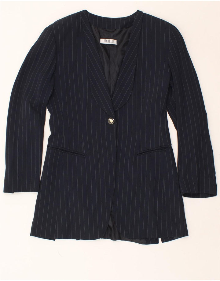 MARELLA Womens 1 Button Blazer Jacket UK 10 Small  Navy Blue Pinstripe Vintage Marella and Second-Hand Marella from Messina Hembry 